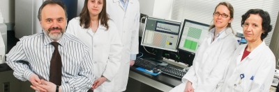 Staff involved in implementing the new technology for diagnosing gene mutations in tumors include (from left) Marc Ladanyi, Angela Marchetti, Chris Lau, Laetitia Borsu, and Khedoudja Nafa.